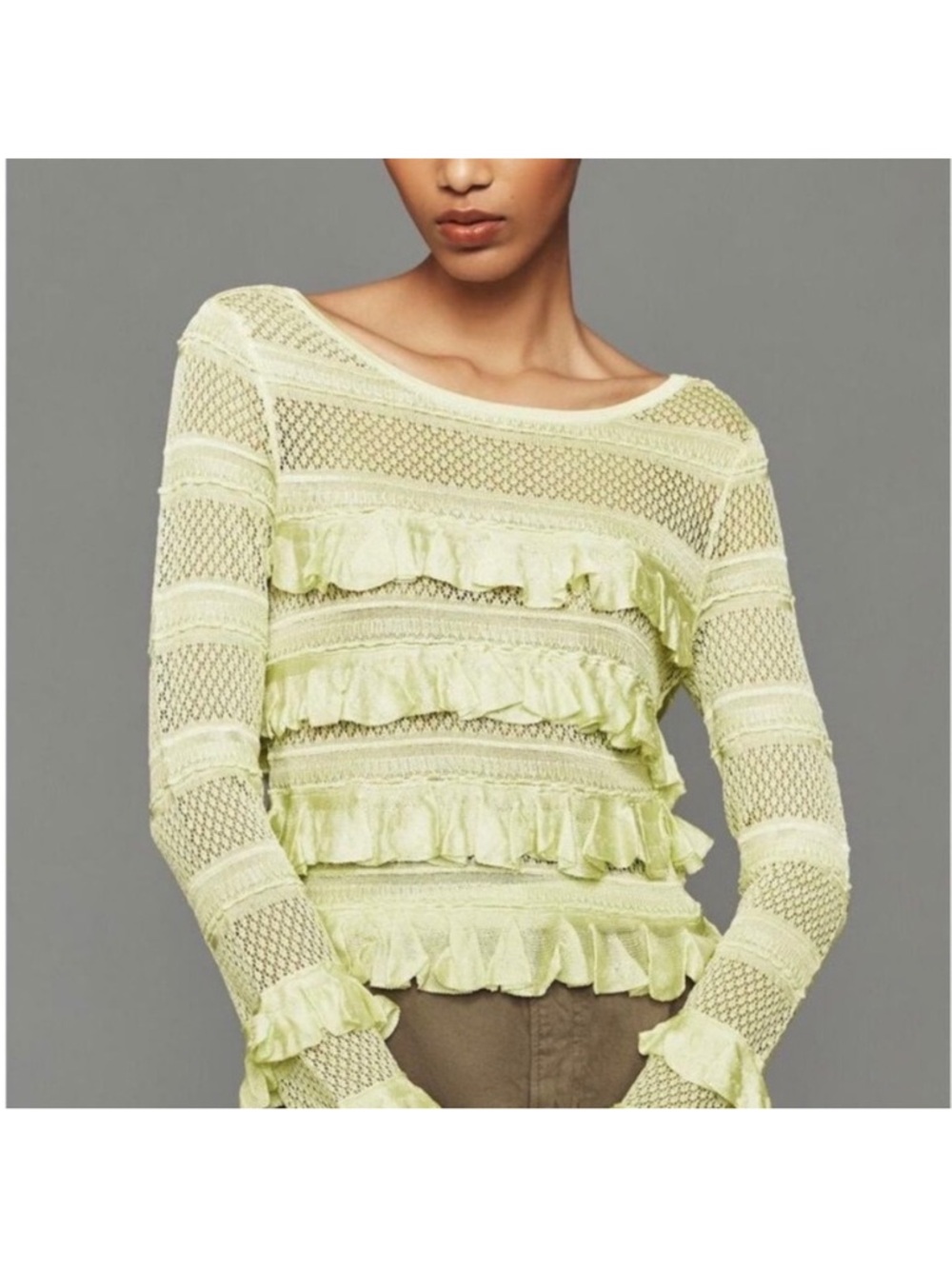 Anthropologie Light Green Ruffled Long-Sleeve Knit Top
